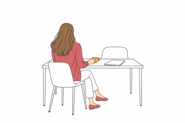 面談机に向かって座る後ろ姿と、机の上の閉じたファイルと湯のみの挿絵