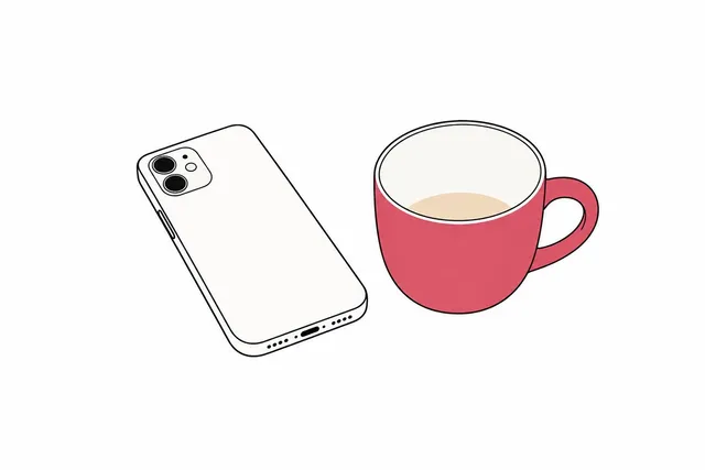 伏せたスマートフォンと冷めたカップの挿絵