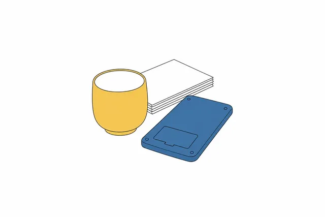 湯のみの横に伏せた電卓の挿絵