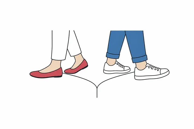 分かれ道に立つ二足の靴の足もとの挿絵