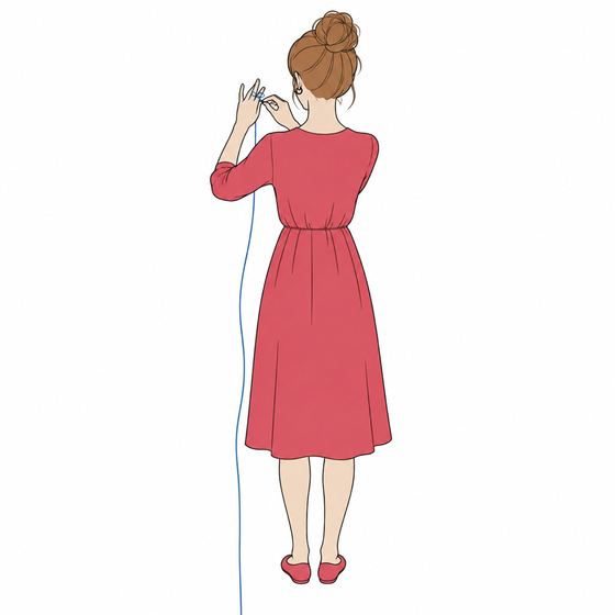 窓辺で糸を結ぶ後ろ姿の挿絵