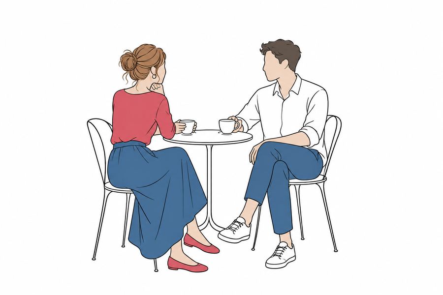 カフェで向かい合う二人の席の挿絵